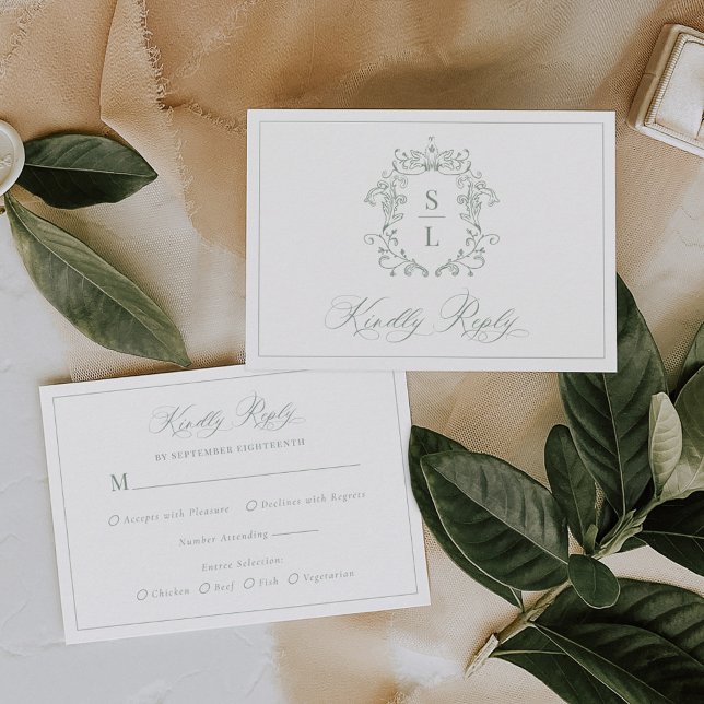 Sage Green Elegant Baroque Wappen Monogram Wedding RSVP Karte (Von Creator hochgeladen)
