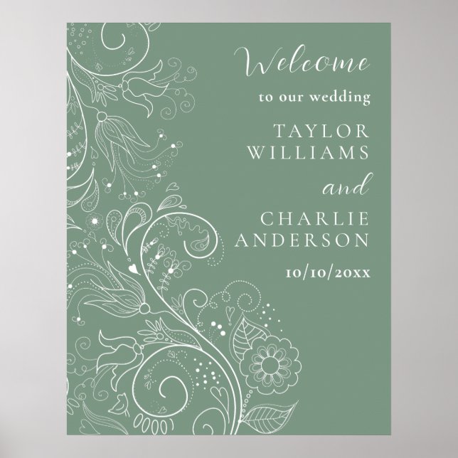 Sage Green Elegant Blumenhochzeit Willkommen Poster (Vorne)