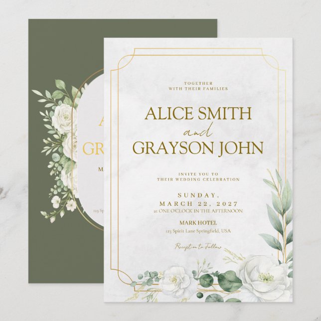 Sage Green Elegant Boho Floral Modern Wedding  Einladung (Vorne/Hinten)