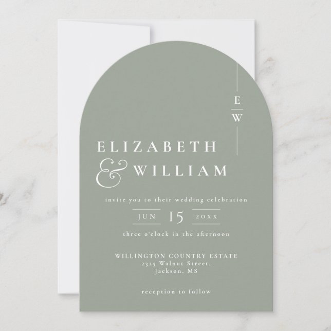 Sage Green Elegant Chic Monogram Wedding Arch Einladung (Vorderseite)