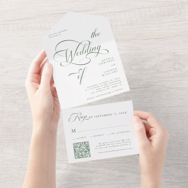 Sage Green Elegant Classy Calligraphy Wedding All In One Einladung (Abreißen)
