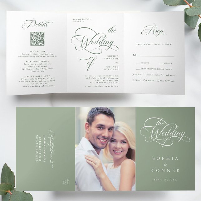 Sage Green Elegant Classy Calligraphy Wedding Dreifach Gefaltete Einladung (Inside & Outside)