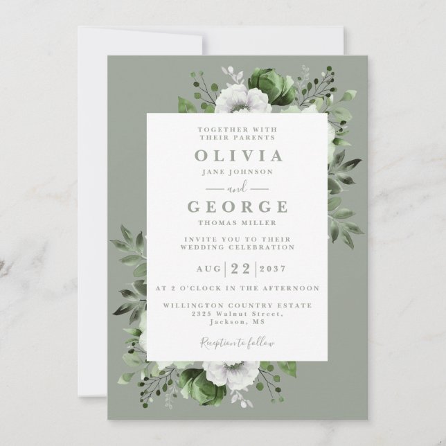 Sage Green Elegant Country Floral QR Code Hochzeit Einladung (Vorderseite)