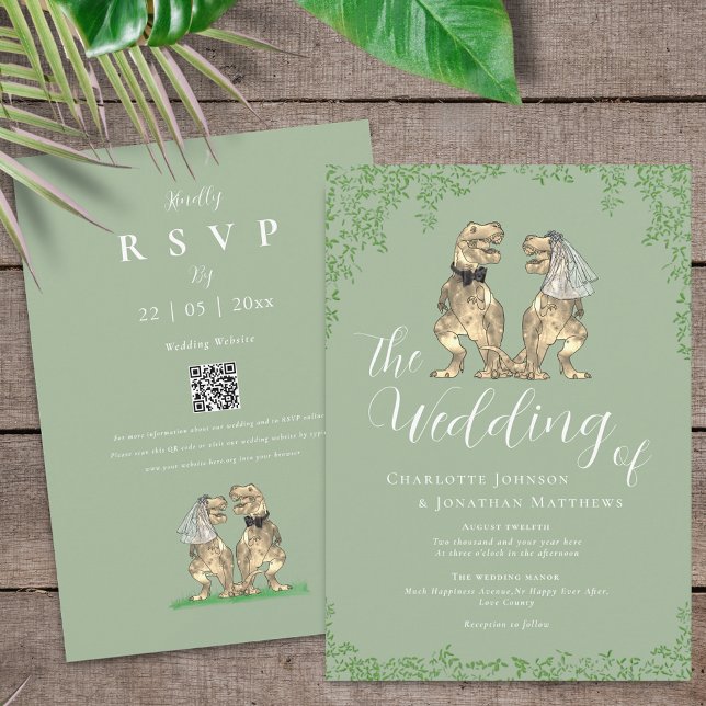 Sage Green Elegant Dinosaur Wedding QR Code Einladung (Sage green T-Rex bride and groom dinosaur wedding invitation with rsvp qr code)