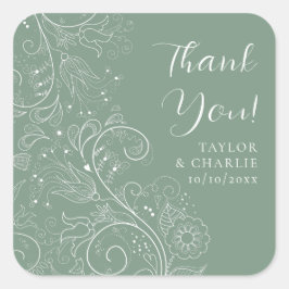 Sage Green Elegant Floral Wedding Vielen Dank Quadratischer Aufkleber