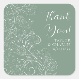 Sage Green Elegant Floral Wedding Vielen Dank Quadratischer Aufkleber