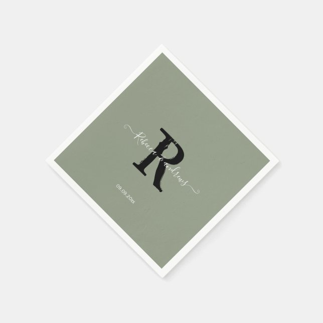 Sage Green Elegant Monogram Script Initial Wedding Serviette (Ecke)