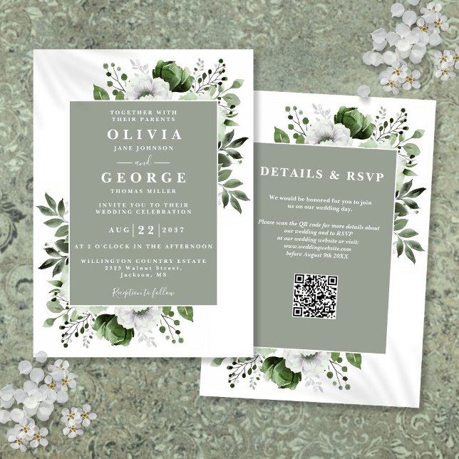 Sage Green Elegant Rustic Floral QR Code Hochzeit Einladung (Sage Green Elegant Rustic Floral QR Code Wedding Invitation)