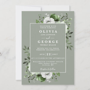 Sage Green Elegant Rustic Floral QR Code Hochzeit Einladung