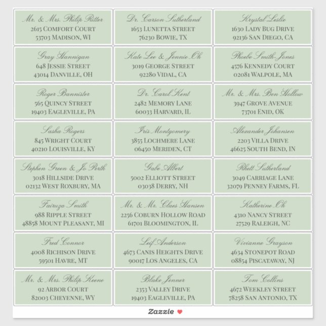 Sage Green Elegant Script 24 Wedding Guest Address Aufkleber (Blatt)