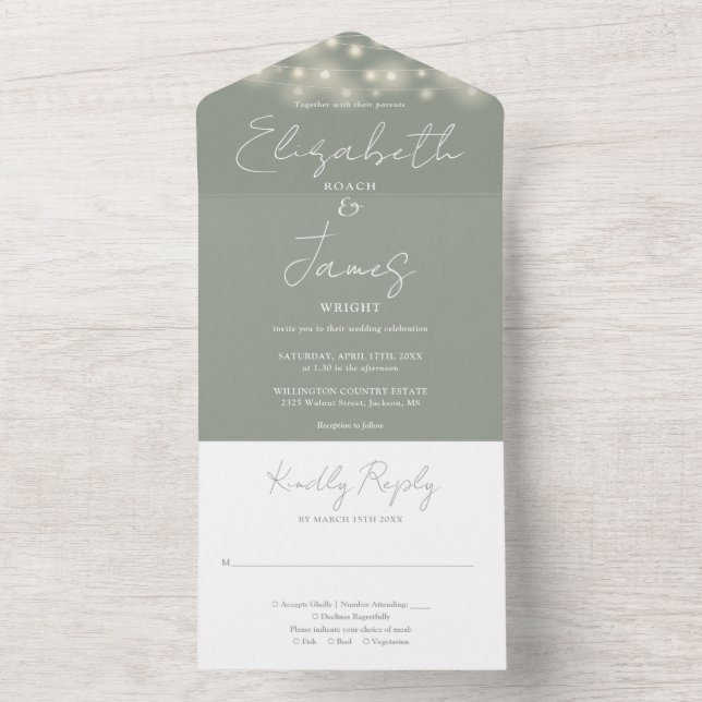 Sage Green Elegant Script String Lights Hochzeit All In One Einladung (Innen Boden)