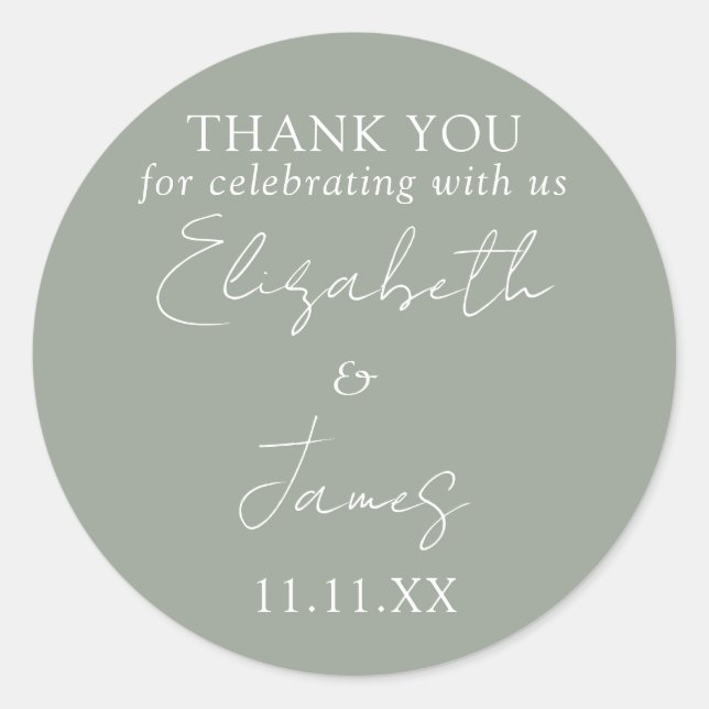 Sage Green Elegant Script Wedding Vielen Dank Runder Aufkleber (Vorderseite)
