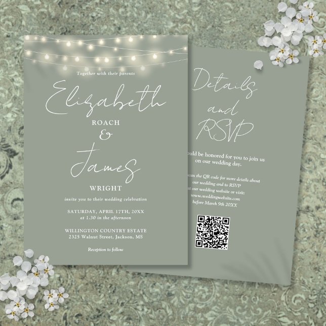 Sage Green Elegant String Lights QR Code Hochzeitu Einladung (Sage Green Elegant String Lights QR Code Wedding Invitation)