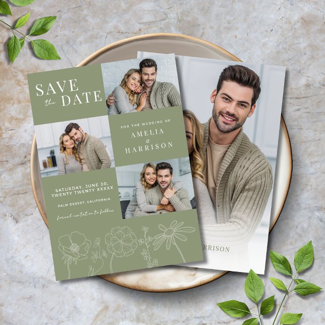 Sage Green Elegant Vier-Foto Hochzeit der Blumen Save The Date (Sage Green Elegant Floral Four Photo Wedding Save the Date with Line Art Flowers, Modern Typography.)