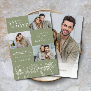 Sage Green Elegant Vier-Foto Hochzeit der Blumen Save The Date
