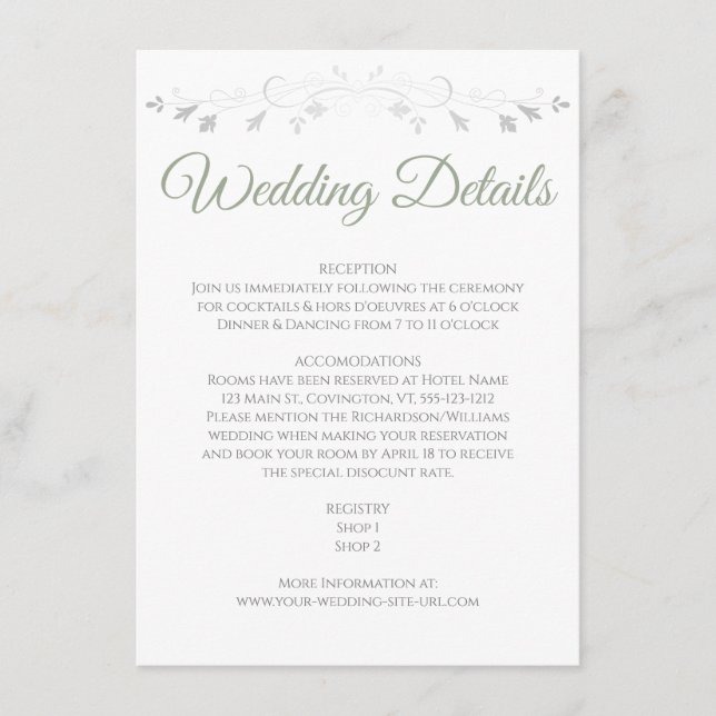 Sage Green Elegant Wedding Details Carte de boîtie (Devant)