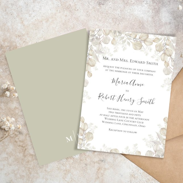 Sage Green Elegant Wedding Formal Einladung (Simple and elegant sage green and cream foliage wedding invitation.)