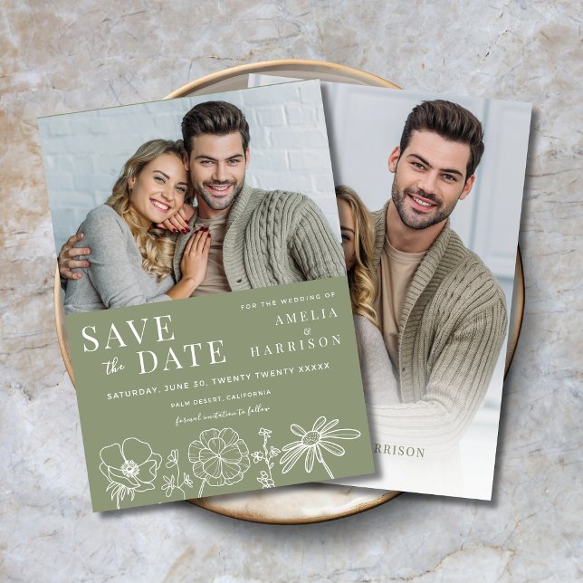 Sage Green Elegant Zwei-Foto-Hochzeit Save The Date (Sage Green Floral Two Photo Wedding Save the Date with Line Art Flowers.)