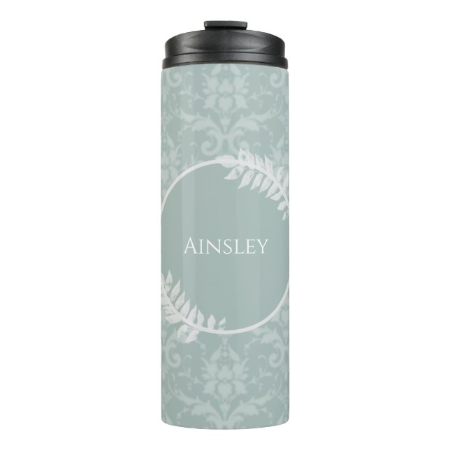 Sage Green Elegante Damask Personalisiert Thermosbecher (Vorderseite)