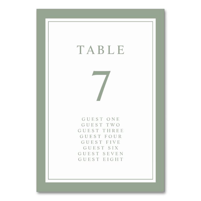 Sage Green Elegante Einfache Minimale Hochzeit an  Tischnummer (Vorderseite)