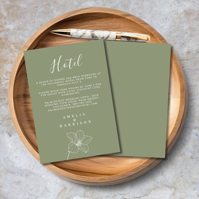 Sage Green Elegante Floral Wedding Hotel Begleitkarte (Sage Green Floral Wedding Hotel Enclosure Card with Hotel Details, Couple Names.)