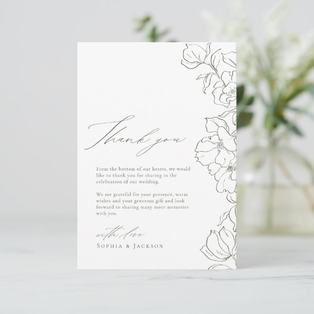 Sage Green Elegante handgezeichnete Blumenhochzeit Dankeskarte (Stehend Vorderseite)