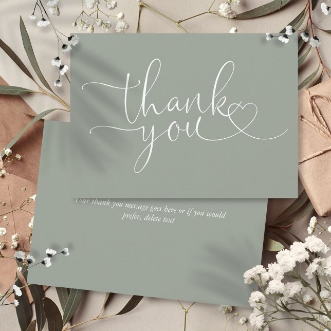 Sage Green Elegante Herzschrift Dankeskarte (Sage Green Elegant Heart Script Thank You Card)