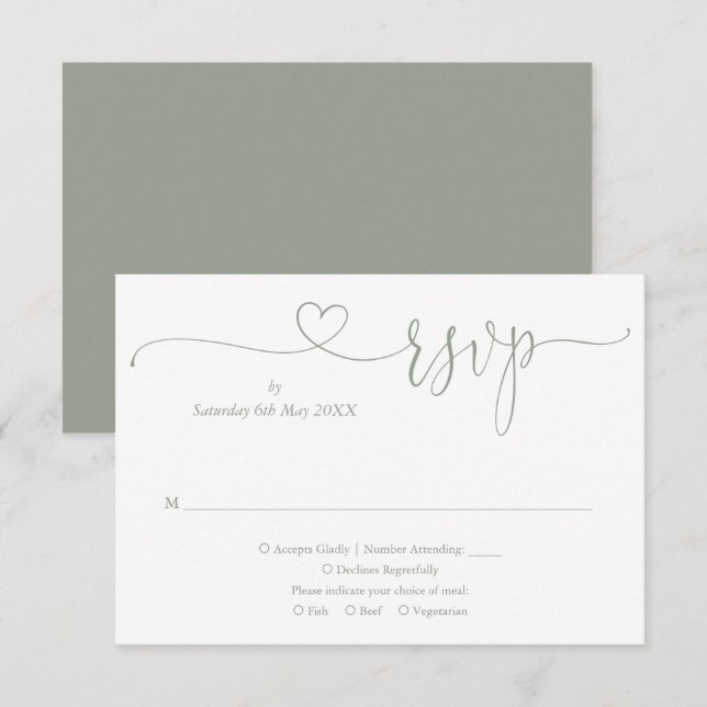 Sage Green Elegante Herzschrift RSVP Karte (Vorne/Hinten)