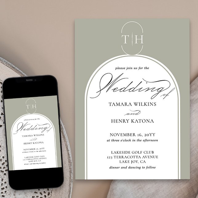 Sage Green Elegante Kalligrafie Mit Monogramm Hoch Einladung (Elegant monogrammed sage green wedding invitation from my Wedding Colors collection)