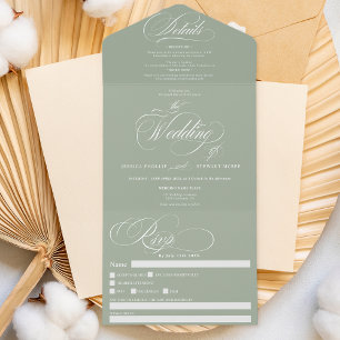 Sage green elegante kalligraphische Hochzeit All In One Einladung