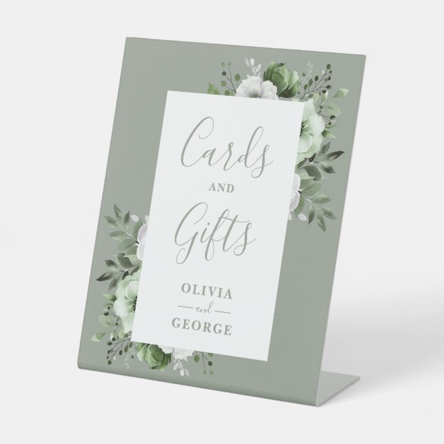 Sage Green Elegante Moderne Blumenkarten und Gesch Sockelschild (Vorderseite)