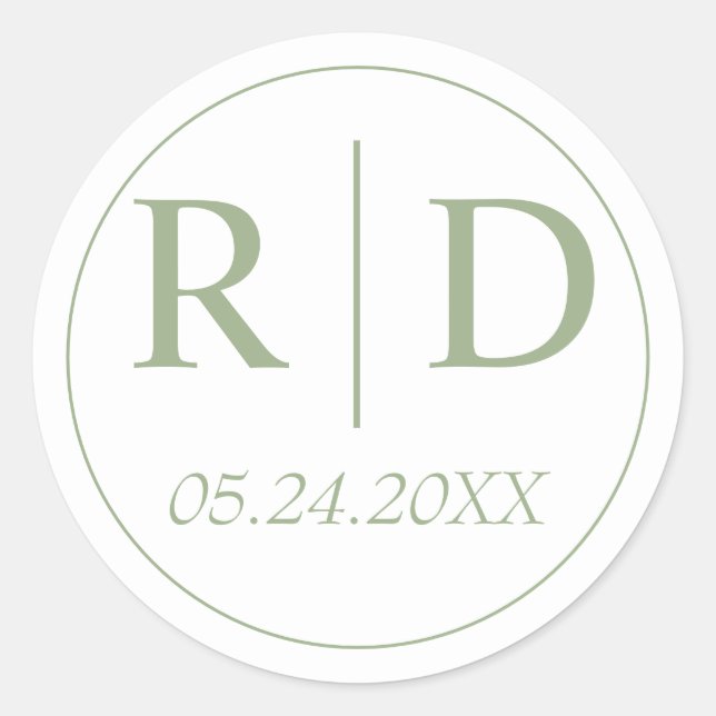 Sage green elegante monogramm weiße Hochzeit Runder Aufkleber (Vorderseite)