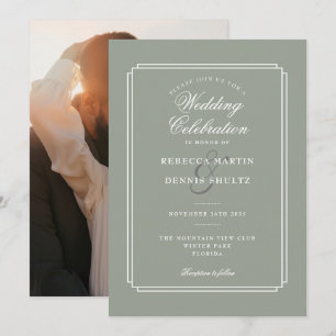 Sage Green Elegante Script Art Deco Foto Hochzeit Einladung