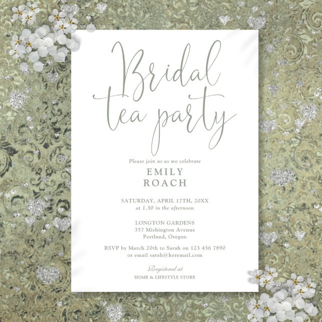 Sage Green Elegante Script Bridal Tea Party Dusche Einladung (Sage Green Elegant Script Bridal Tea Party Shower Invitation)