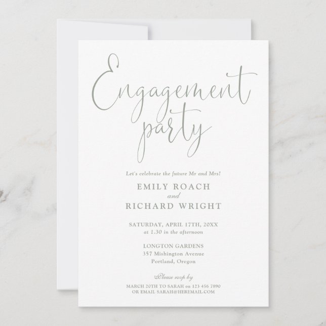 Sage Green Elegante Script Engagement Party Einladung (Vorderseite)