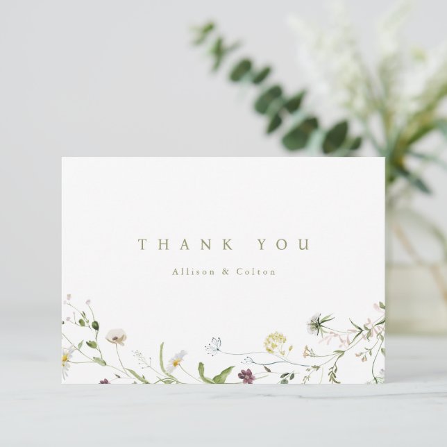 Sage Green Elegante Wildblume Rustic Boho Wedding Dankeskarte (Stehend Vorderseite)