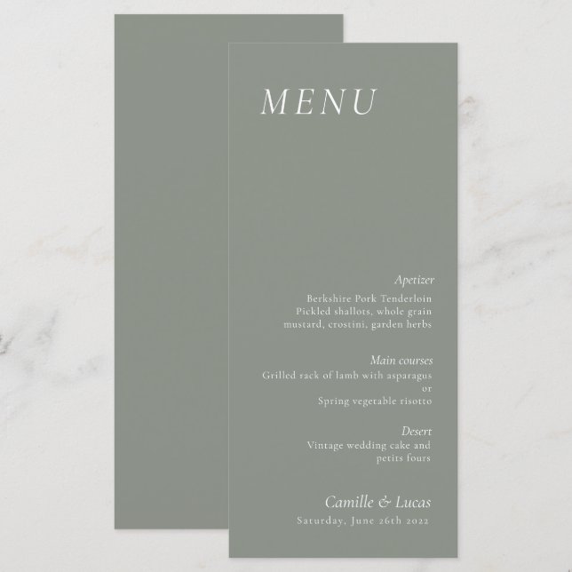 Sage Green elegantes Hochzeitsmenü Menükarte (Vorne/Hinten)