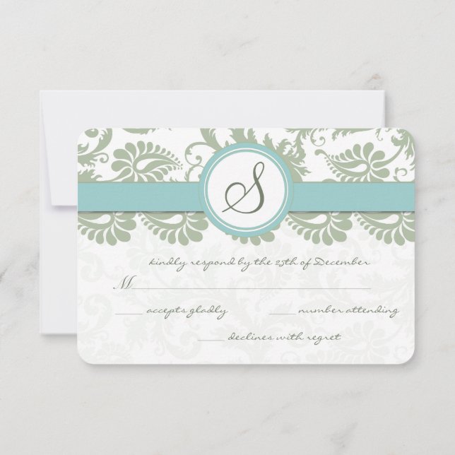 Sage Green et Aqua Mariage damassé RSVP (Dos)