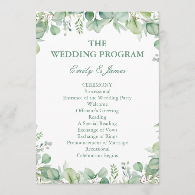 Sage Green Eucalyptus Botanical Wedding PROGRAM Programm (Vorderseite)