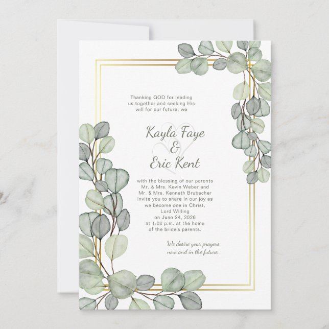 Sage Green Eucalyptus Gold Frame Wedding Einladung (Vorderseite)