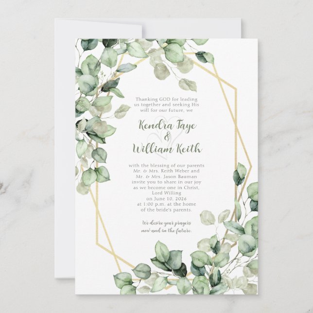 Sage Green Eucalyptus Gold Geometric Wedding Einladung (Vorderseite)