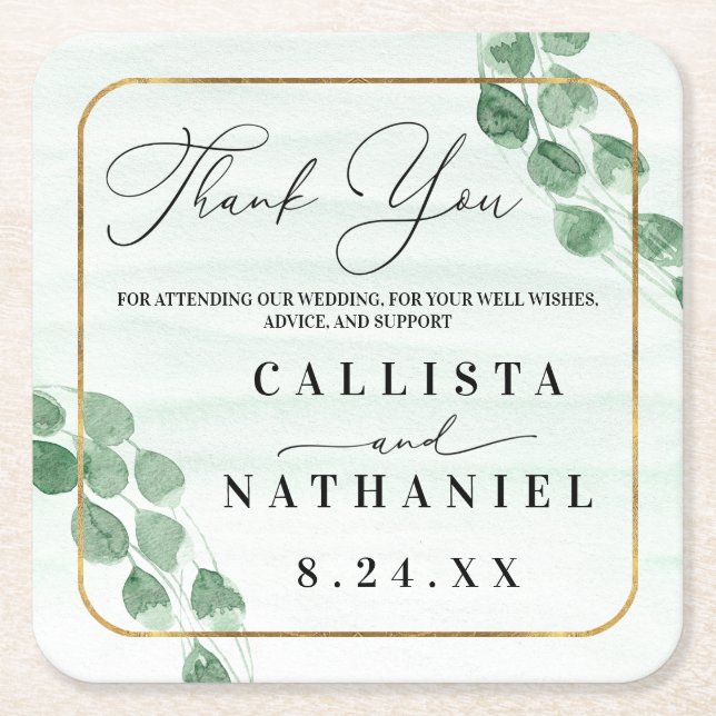 Sage Green Eucalyptus Gold Wedding Vielen Dank Rechteckiger Pappuntersetzer (Vorderseite)