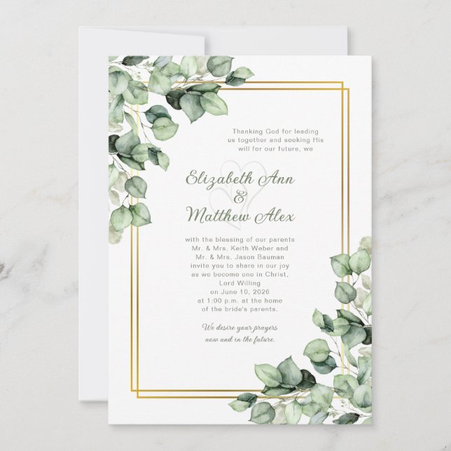 Sage Green Eucalyptus Greenery Gold Frame Wedding Einladung (Vorderseite)