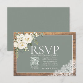 Sage Green Eucalyptus Lace Wood Wedding QR UAWG RSVP Karte
