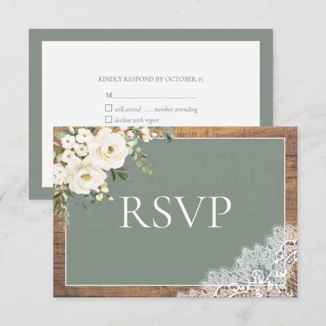 Sage Green Eucalyptus Lace Wood Wedding RSVP (Vorne/Hinten)
