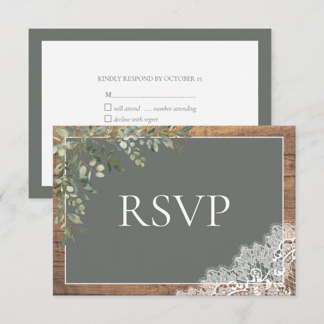 Sage Green Eucalyptus Lace Wood Wedding RSVP (Vorne/Hinten)