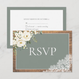 Sage Green Eucalyptus Lace Wood Wedding RSVP Karte