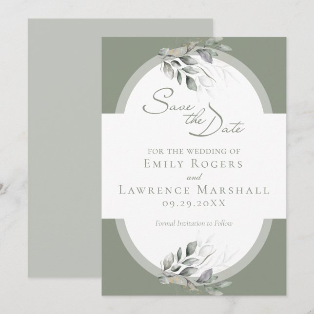 Sage Green Eucalyptus Mariage Enregistrer la carte (Devant / Derrière)