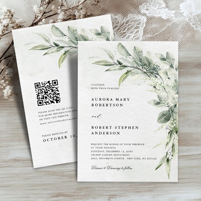 Sage Green Eucalyptus Minimalistisch QR Code Hochz Einladung (Sage Green Eucalyptus Minimalist QR code Wedding Invitation)