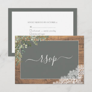 Sage Green Eucalyptus Script Lace Wood UAWG RSVP Karte